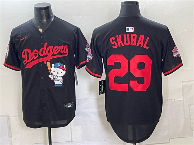 Men's Los Angeles Dodgers #29 Tarik Skubal Black Hello Kitty Night 2025 World Series Champions Patch Stitched Baseball Jersey Men's Los Angeles Dodgers #29 Tarik Skubal Black Hello Kitty Night 2025 World Series Champions Patch Stitched Baseball Jersey